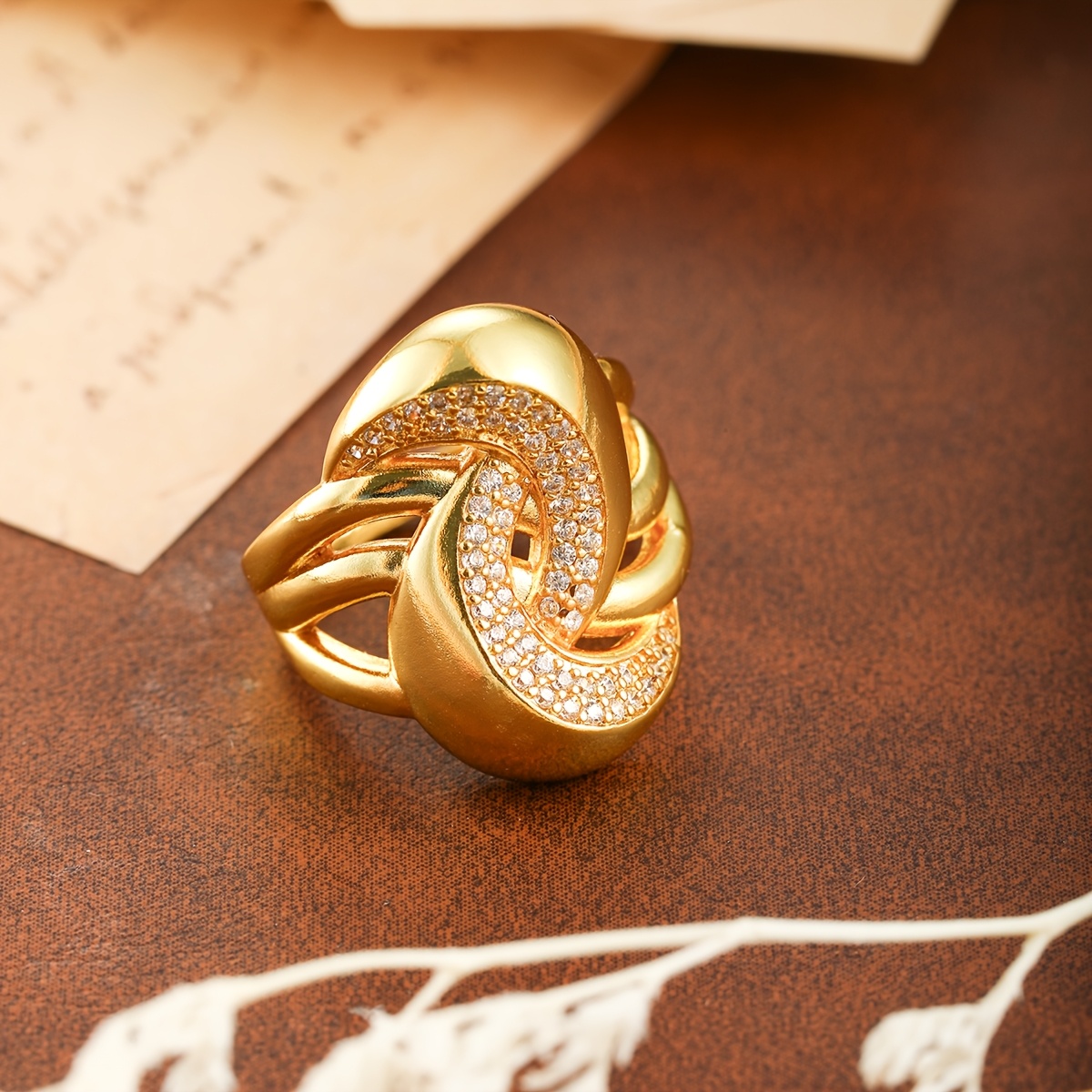 Gold Plated Zirconium Wide Ring, Adjustable Opening